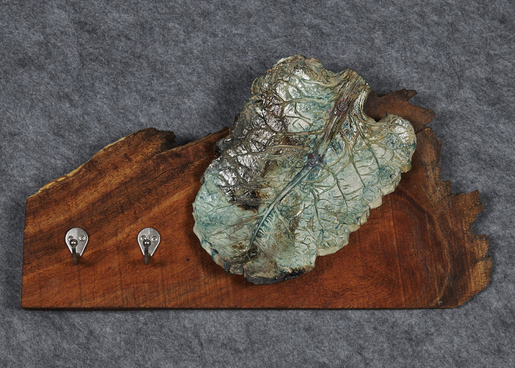 Kale Pottery Leaf on Exotic Wood Hanging Rack
